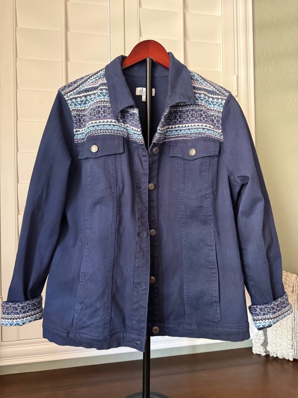 D&Co Women's Navy Blue Jacket with Patterned Yoke -